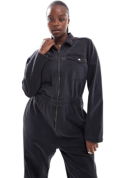 Kadın Büyük Beden Füme, Fermuarlı, Bel Lastik Detaylı, Yıkamalı Kot Tulum 65N39011 modelleri