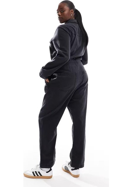 Kadın Büyük Beden Füme, Fermuarlı, Bel Lastik Detaylı, Yıkamalı Kot Tulum 65N39011 fırsatları