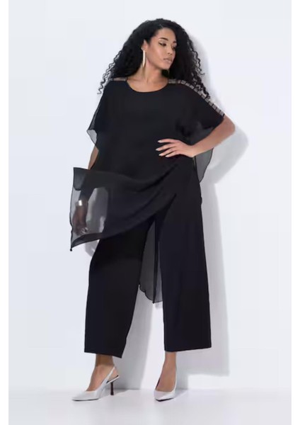 Kadın Büyük Beden Siyah, Tek Parça Jarse, Şifon Üst, Omuz Detaylı, Geniş Paça Abiye Tulum 65N39019