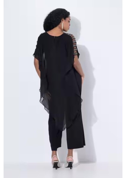Kadın Büyük Beden Siyah, Tek Parça Jarse, Şifon Üst, Omuz Detaylı, Geniş Paça Abiye Tulum 65N39019 fiyatları