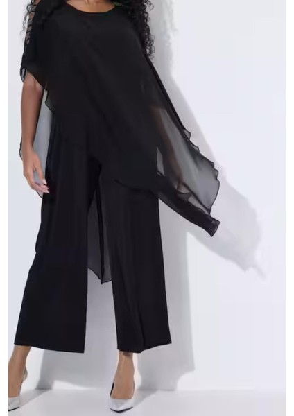 Kadın Büyük Beden Siyah, Tek Parça Jarse, Şifon Üst, Omuz Detaylı, Geniş Paça Abiye Tulum 65N39019 modelleri