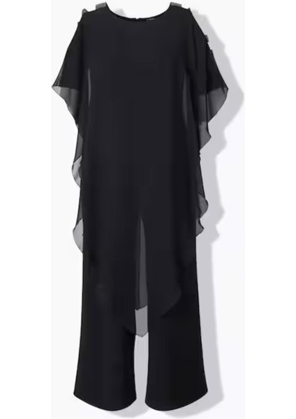 Kadın Büyük Beden Siyah, Tek Parça Jarse, Şifon Üst, Omuz Detaylı, Geniş Paça Abiye Tulum 65N39019 fırsatları