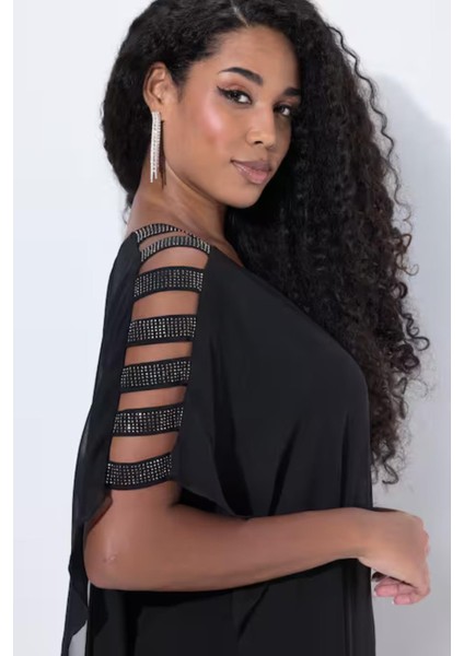 Kadın Büyük Beden Siyah, Tek Parça Jarse, Şifon Üst, Omuz Detaylı, Geniş Paça Abiye Tulum 65N39019 indirimleri