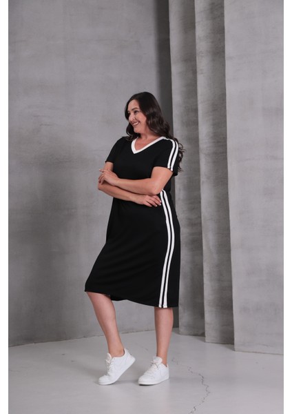 Kadın Büyük Beden Siyah-Beyaz, V Yaka, Biye Detaylı Cepli Midi Elbise 65N39083 fiyatları