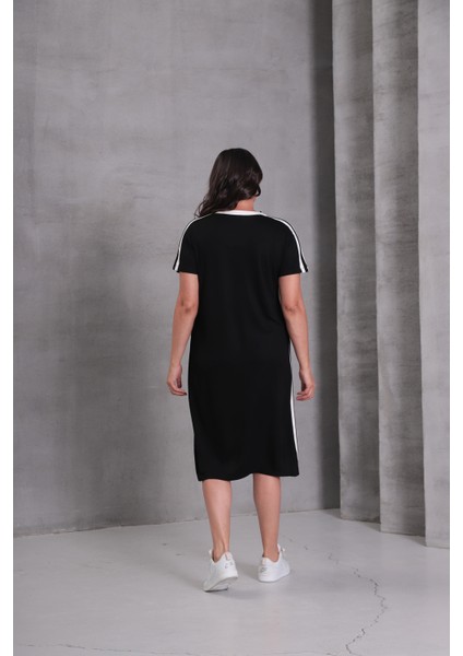 Kadın Büyük Beden Siyah-Beyaz, V Yaka, Biye Detaylı Cepli Midi Elbise 65N39083 modelleri