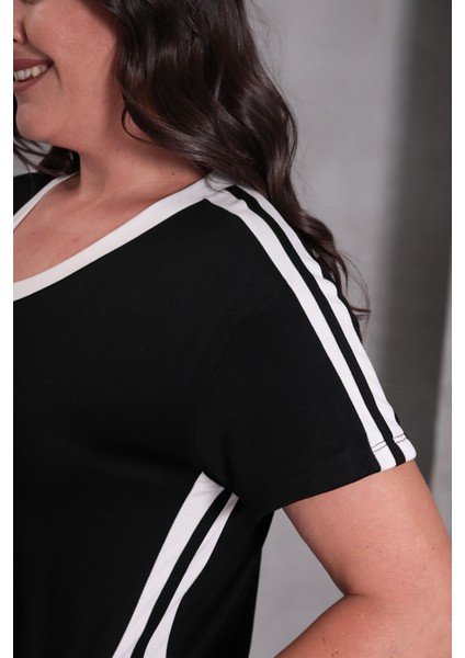 Kadın Büyük Beden Siyah-Beyaz, V Yaka, Biye Detaylı Cepli Midi Elbise 65N39083 indirimleri