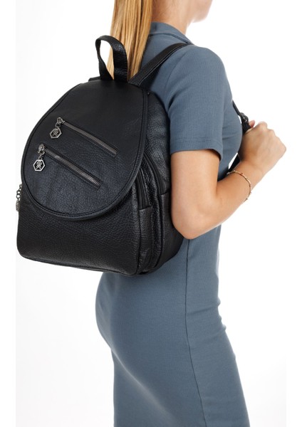 Kadın Deri Ayarlanabilir Askılı Omuz ve Sırt Çantası NEWPOLO352 - Siyah