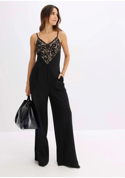 Kadın Büyük Beden Siyah, Dantel Detaylı Şık Jarse Tulum 65N38965