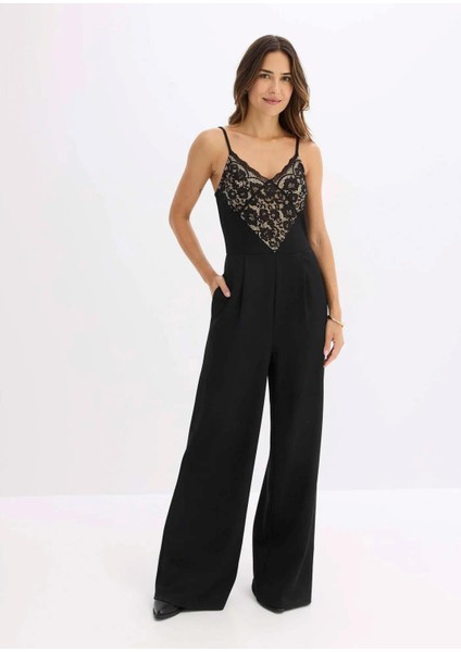 Kadın Büyük Beden Siyah, Dantel Detaylı Şık Jarse Tulum 65N38965 fırsatları