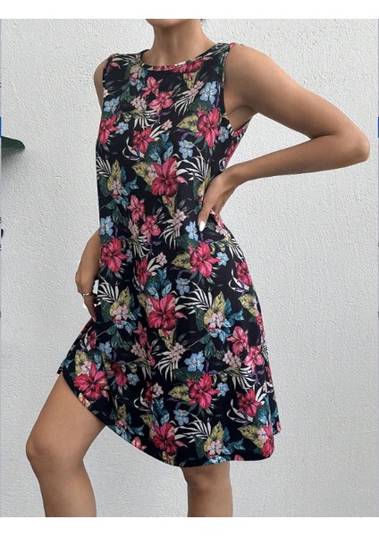 Kadın Renkli Çiçek Baskılı Süprem Elbise L-Xl-Lacivert