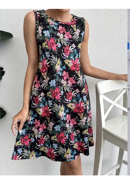 Kadın Renkli Çiçek Baskılı Süprem Elbise L-Xl-Lacivert modelleri