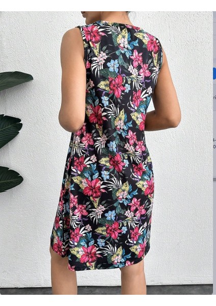 Kadın Renkli Çiçek Baskılı Süprem Elbise L-Xl-Lacivert fırsatları