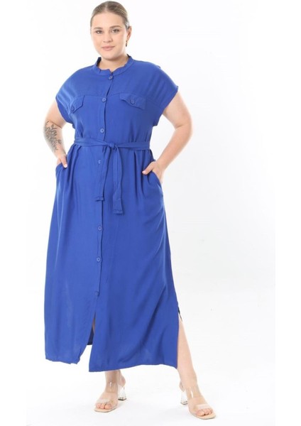 Kadın Büyük Beden Saks, Ön Boy Düğmeli, Kuşaklı Uzun Elbise 65N38956