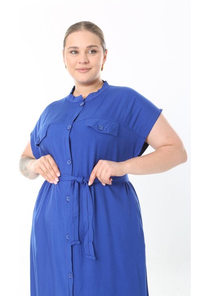 Kadın Büyük Beden Saks, Ön Boy Düğmeli, Kuşaklı Uzun Elbise 65N38956 fiyatları