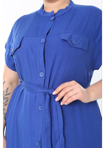 Kadın Büyük Beden Saks, Ön Boy Düğmeli, Kuşaklı Uzun Elbise 65N38956 modelleri