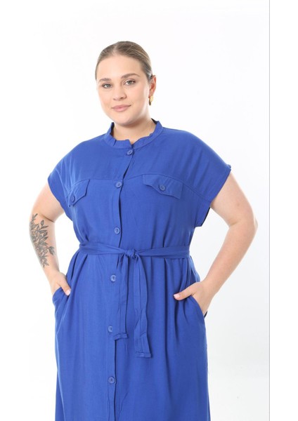 Kadın Büyük Beden Saks, Ön Boy Düğmeli, Kuşaklı Uzun Elbise 65N38956 fırsatları