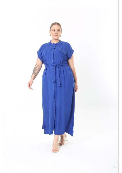 Kadın Büyük Beden Saks, Ön Boy Düğmeli, Kuşaklı Uzun Elbise 65N38956 indirimleri