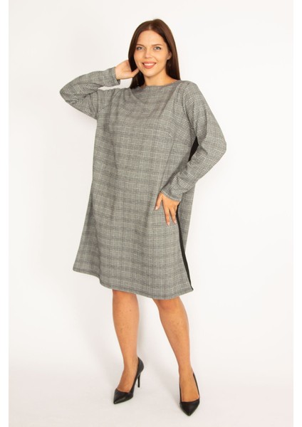 Kadın Gri Ekose Desenli Yan Şerit Detaylı Elbise 65N34611 modelleri