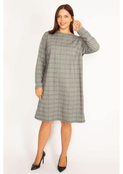 Kadın Gri Ekose Desenli Yan Şerit Detaylı Elbise 65N34611 indirimleri