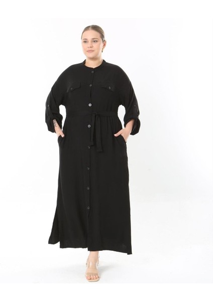 Kadın Büyük Beden Siyah, Ön Boy Düğmeli, Ayarlanabilir Kol, Kuşaklı Uzun Elbise 65N38957