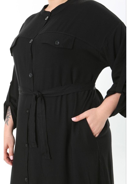 Kadın Büyük Beden Siyah, Ön Boy Düğmeli, Ayarlanabilir Kol, Kuşaklı Uzun Elbise 65N38957 modelleri