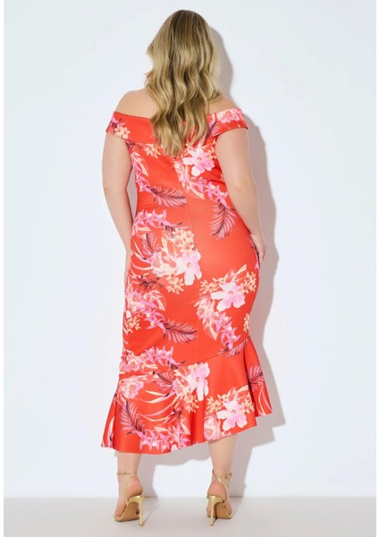 Kadın Büyük Beden Nar, Carmen Yaka Asimetrik Kesim Çiçek Desenli Scuba Kumaş Elbise 65N38978 fiyatları