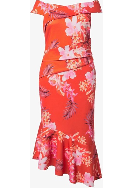 Kadın Büyük Beden Nar, Carmen Yaka Asimetrik Kesim Çiçek Desenli Scuba Kumaş Elbise 65N38978 fırsatları