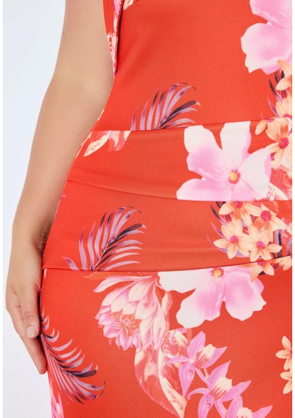 Kadın Büyük Beden Nar, Carmen Yaka Asimetrik Kesim Çiçek Desenli Scuba Kumaş Elbise 65N38978 indirimleri