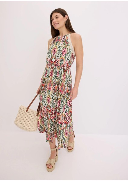 Kadın Büyük Beden Bej, Dantel Detaylı Ip Askılı Halter Yaka Elbise 65N38971 modelleri