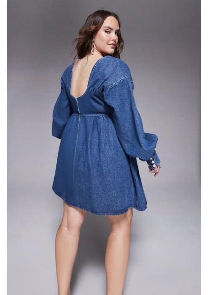 Kadın Büyük Beden Mavi, Sırt Dekolte, Uzun Hacimli Kollar, Sırt Fermuar Kapama Kot Elbise 65N39016