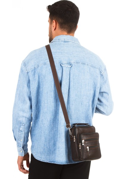 Erkek Kahverengi Hakiki Deri Çapraz Uzun Askılı El ve Omuz Çantası NEWPOLO100 fiyatları