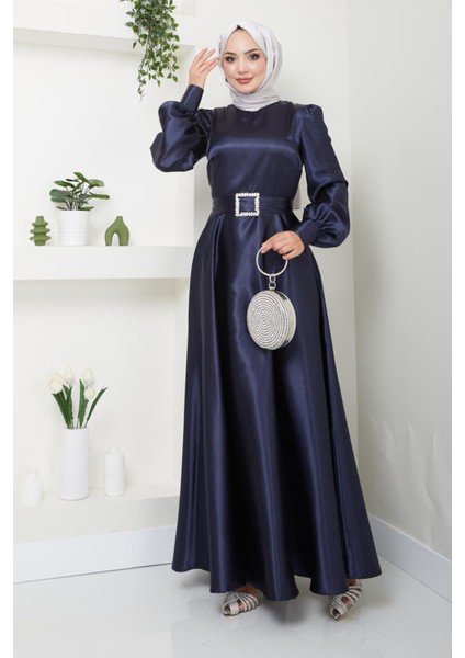 Kadın Giyim Abiye Moda Kemeri Taşlı Uzun Tesettür Saten Abiye Elbise 2753