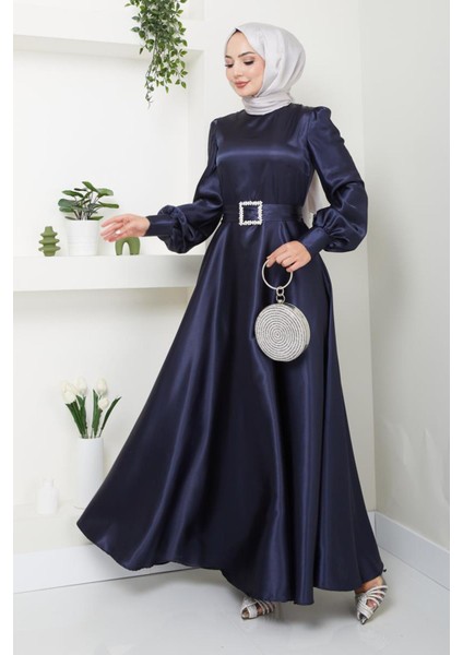 Kadın Giyim Abiye Moda Kemeri Taşlı Uzun Tesettür Saten Abiye Elbise 2753 modelleri