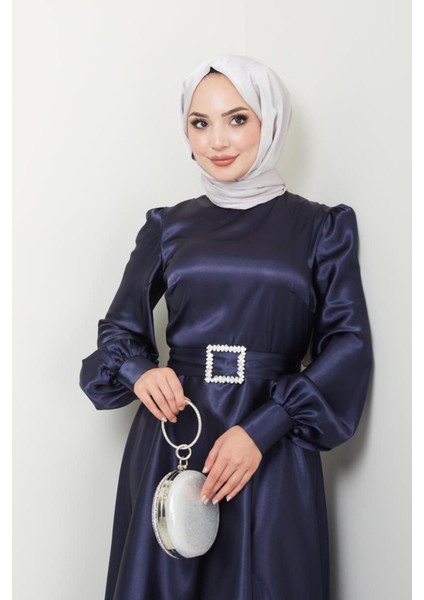 Kadın Giyim Abiye Moda Kemeri Taşlı Uzun Tesettür Saten Abiye Elbise 2753 fırsatları