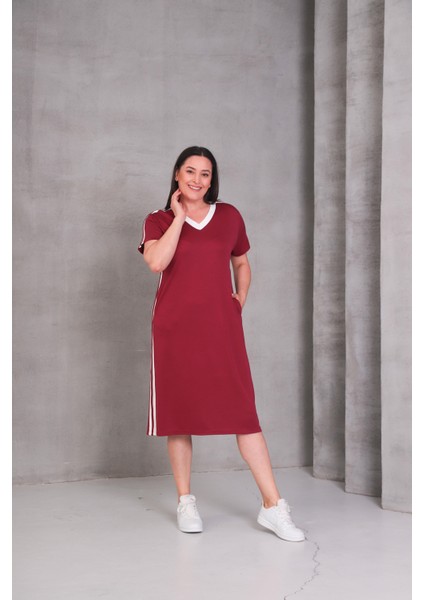 Kadın Büyük Beden Bordo-Beyaz, V Yaka, Biye Detaylı Cepli Midi Elbise 65N39083 fiyatları