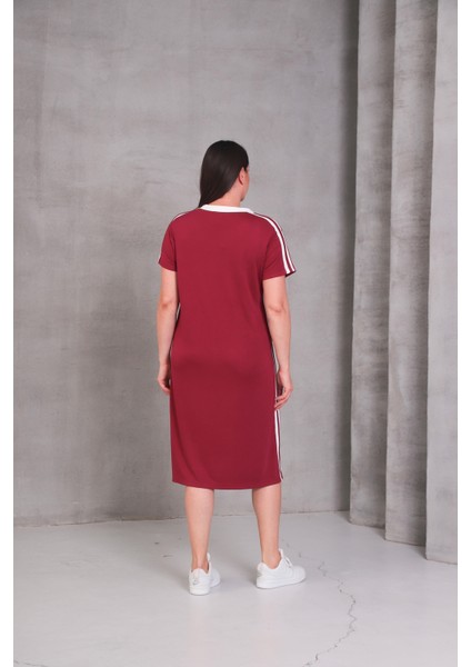 Kadın Büyük Beden Bordo-Beyaz, V Yaka, Biye Detaylı Cepli Midi Elbise 65N39083 modelleri