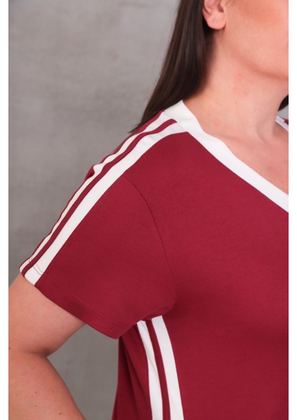 Kadın Büyük Beden Bordo-Beyaz, V Yaka, Biye Detaylı Cepli Midi Elbise 65N39083 indirimleri