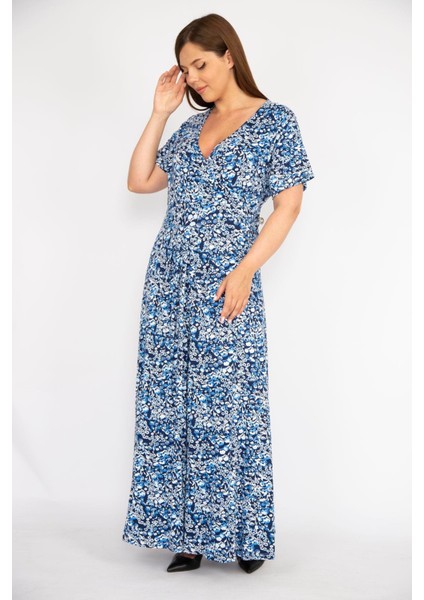 Kadın Mavi Büyük Beden Anvelop Yakalı Likralı Viskon Kumaş Kısa Kollu Uzun Elbise fiyatları