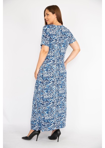 Kadın Mavi Büyük Beden Anvelop Yakalı Likralı Viskon Kumaş Kısa Kollu Uzun Elbise modelleri