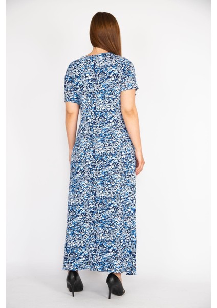 Kadın Mavi Büyük Beden Anvelop Yakalı Likralı Viskon Kumaş Kısa Kollu Uzun Elbise fırsatları