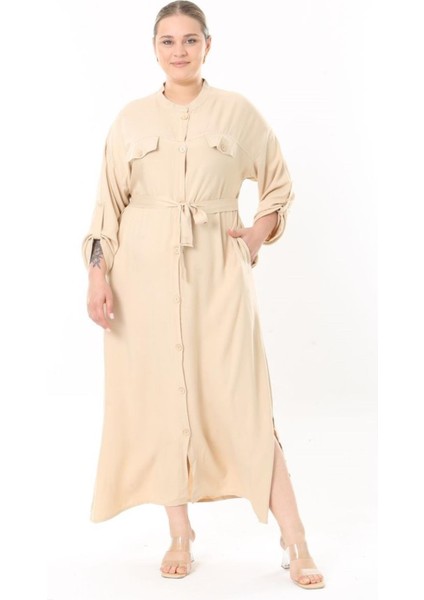 Kadın Büyük Beden Bej, Ön Boy Düğmeli, Ayarlanabilir Kol, Kuşaklı Uzun Elbise 65N38957