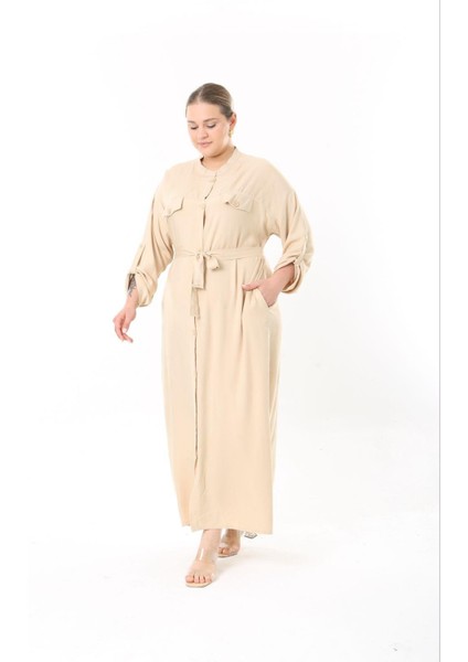 Kadın Büyük Beden Bej, Ön Boy Düğmeli, Ayarlanabilir Kol, Kuşaklı Uzun Elbise 65N38957 fiyatları