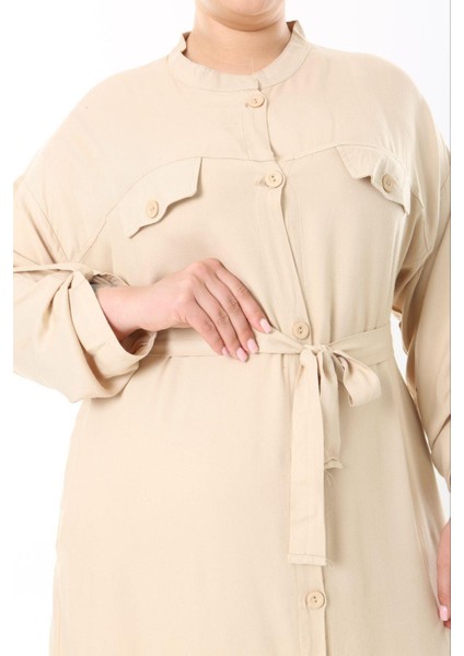 Kadın Büyük Beden Bej, Ön Boy Düğmeli, Ayarlanabilir Kol, Kuşaklı Uzun Elbise 65N38957 modelleri