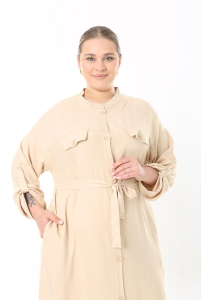 Kadın Büyük Beden Bej, Ön Boy Düğmeli, Ayarlanabilir Kol, Kuşaklı Uzun Elbise 65N38957 fırsatları
