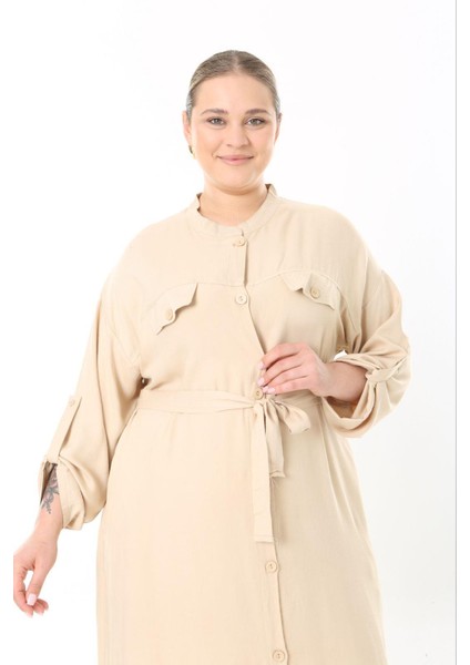 Kadın Büyük Beden Bej, Ön Boy Düğmeli, Ayarlanabilir Kol, Kuşaklı Uzun Elbise 65N38957 indirimleri