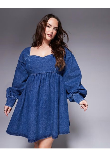 Kadın Büyük Beden Mavi, Sırt Dekolte, Uzun Hacimli Kollar, Sırt Fermuar Kapama Kot Elbise 65N39016 modelleri