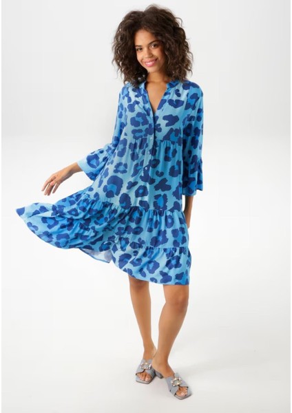 Kadın Büyük Beden Mavi, Yarım Pat Ön Düğmeli, Volan Detaylı Dokuma Viskon Elbise 65N39030