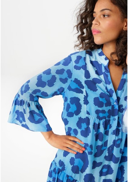 Kadın Büyük Beden Mavi, Yarım Pat Ön Düğmeli, Volan Detaylı Dokuma Viskon Elbise 65N39030 modelleri