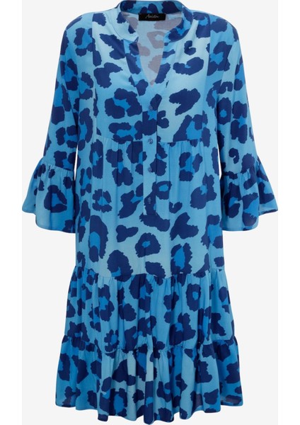 Kadın Büyük Beden Mavi, Yarım Pat Ön Düğmeli, Volan Detaylı Dokuma Viskon Elbise 65N39030 fırsatları