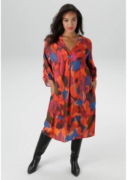 Kadın Büyük Beden Renkli, V Yaka , Kıvrılabilir Truvakuar Kol, Viskon Elbise 65N39034